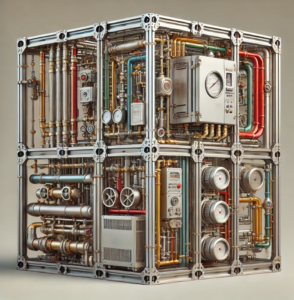 Artist rendering of a Blueprint Cage, a prefabricated mechanical room solution featuring modular design, pipes, valves, and a compact boiler system.